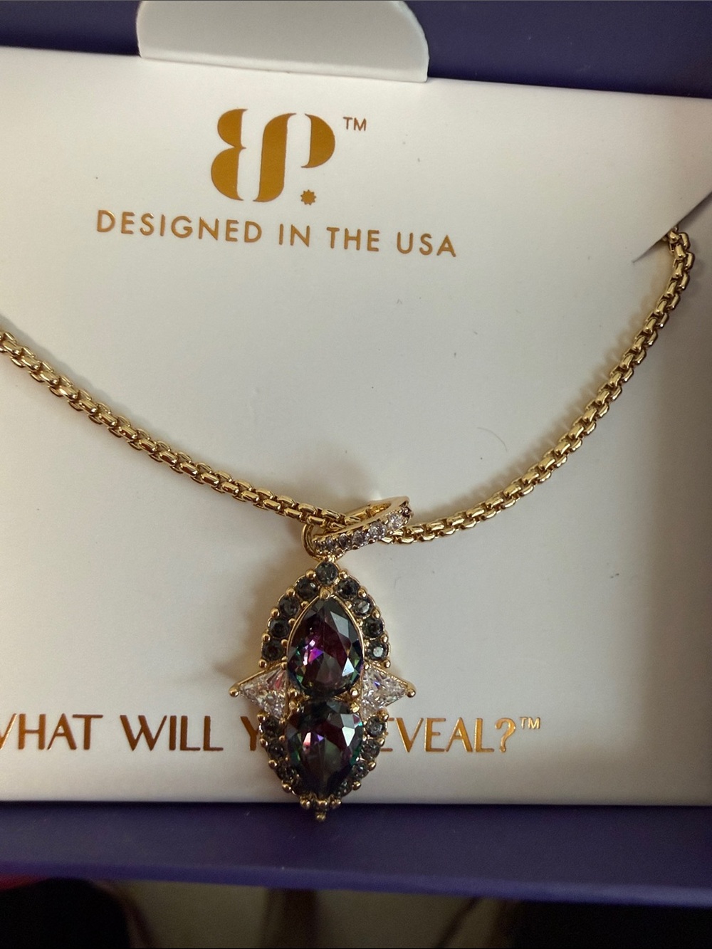 bp Gold-Tone Necklace with Multicolor Mystic Stone Pendant
